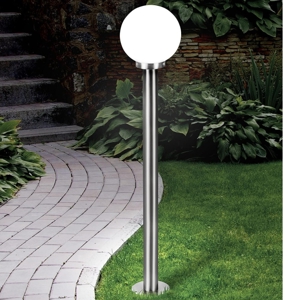 Lampione da giardino palo acciaio inox sfera vetro bianco