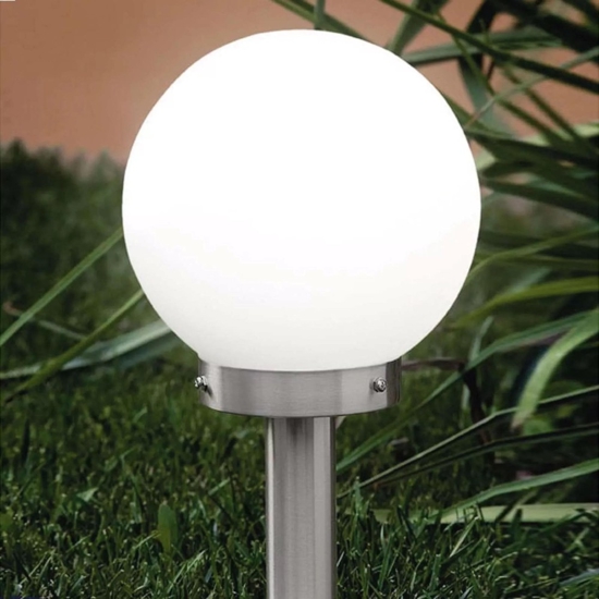 Lampione da giardino palo acciaio inox sfera vetro bianco