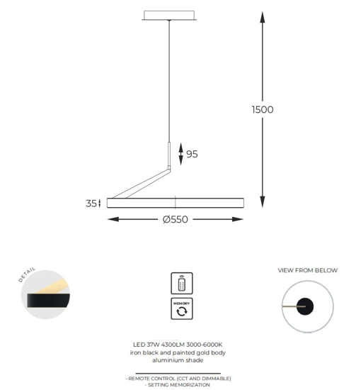 Lampadario a sospensione cerchio nero e oro led cct 37w dimmerabile con telecomando