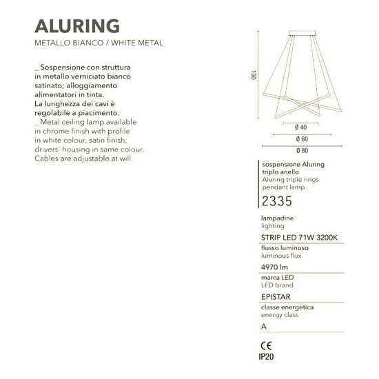 Aluring lampadario bianco moderno led 3000k tre anelli