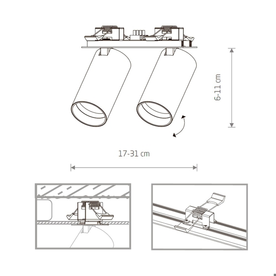 Faretti da incasso controsoffitto due luci nero cilindri orientabili gu10 220v