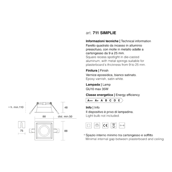 Isyluce faretto quadrato bianco da incasso per soffitto