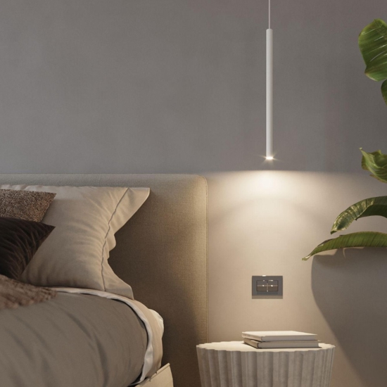 Lampadario a sospensione cilindro bianco per comodino camera da letto