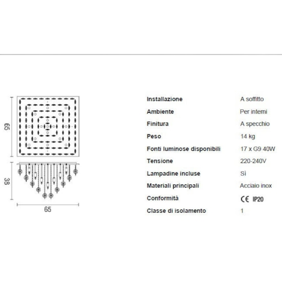 Plafoniera di cristallo per camera da letto affralux quadrata