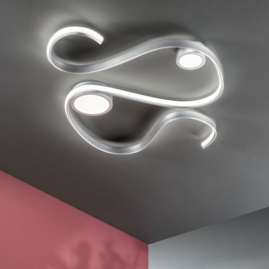 Grande plafoniera snake 80 silver ondaluce design led 35w 3000k dimmerabile