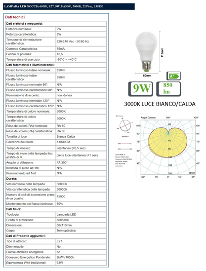 &lt;vedi 304c&lt; life lampadina led e27 9w 3000k goccia 850lm bianca 39.920347c