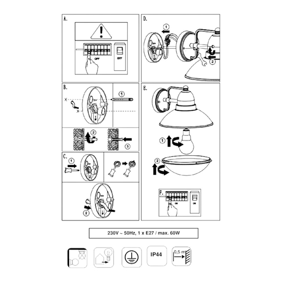 Applique da esterno moderno ip44 e27 grigio antico per giardino fp