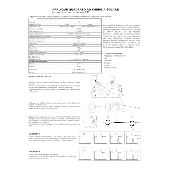 Applique da esterno bianco luce solare sensore crepuscolare movimento ip65  4000k 5w