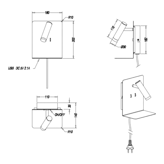 Applique da comodino bianco presa usb luce orientabile