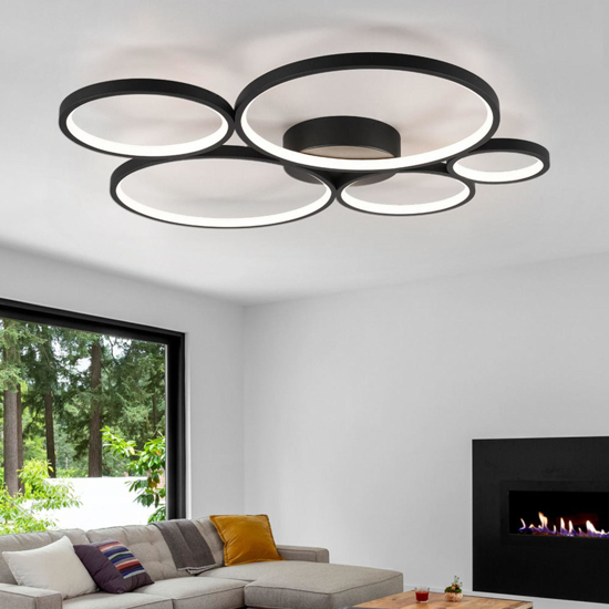 Plafoniera design moderna led 49w nera cerchi 3000k dimmerabile