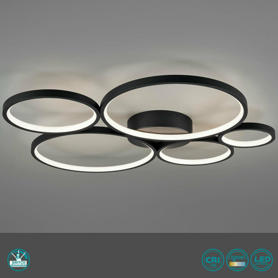 Plafoniera design moderna led 49w nera cerchi 3000k dimmerabile