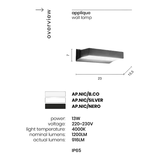 Applique nic ondaluce nero ip65 per esterno  13w 4000k biemissione