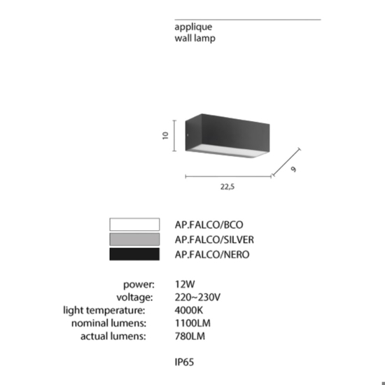 Applique da esterno  12w 4000k falco ondaluce rettangolare grigia materiale plastico ip65