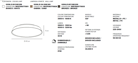 Vivida pinco plafoniera rotonda bianca led 40w 3000k 4000k dimmerabile