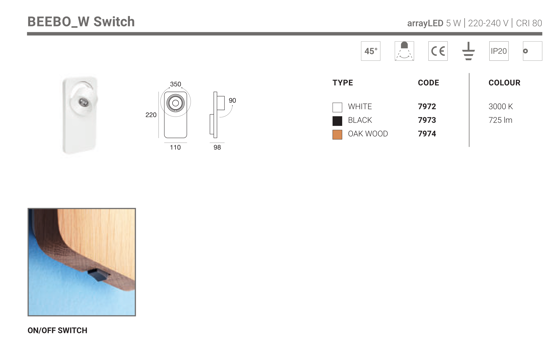 Applique nero luce con interruttore per comodini camera da letto linea light beebo