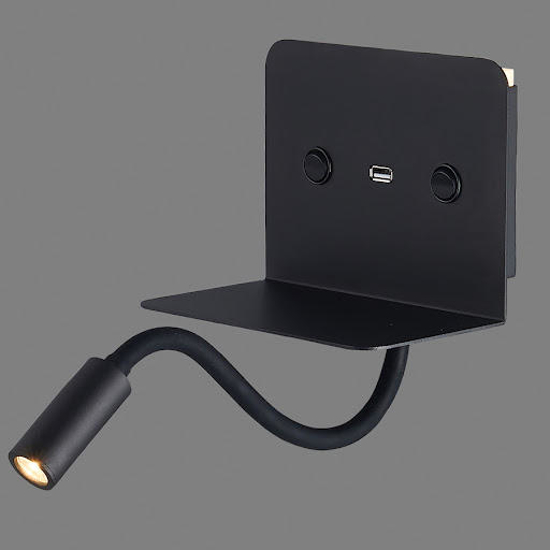 Applique da comodino per camera da letto moderna nero presa usb mensola due luci