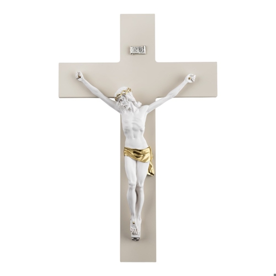 Crocifisso da parete 25x16 cristo marmorino bianco oro croce nocciola