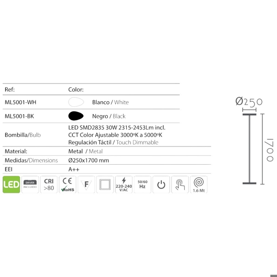 Piantana bianca led 30w dimmerabile da 3000k a 5000k luce orientabile