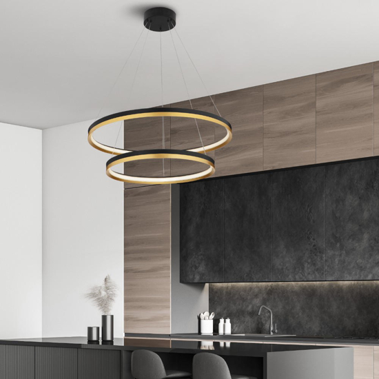 Lampadario doppio cerchio nero oro 80cm led98w 30000k dimmerabile