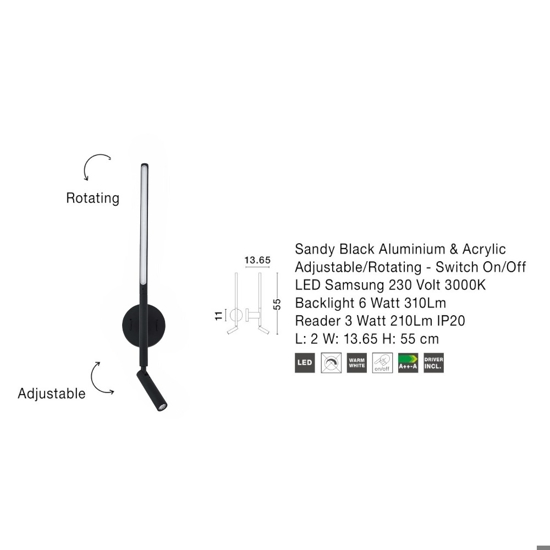 Applique nero per comodino doppia luce led 9w 3000k orientabile