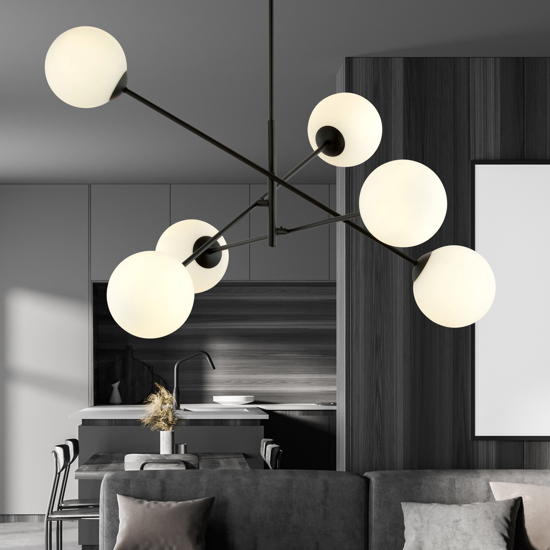 Lampadario moderno nero bocce vetro bianco