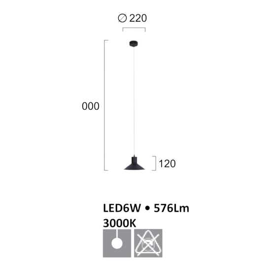 Lampada a sospensione per isola cucina led 6w 3000k cono nero