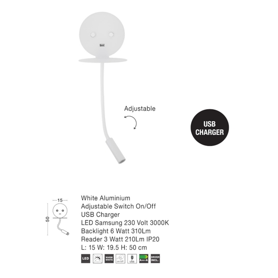 Applique da comodino led 3000k orientabile presa usb bianco