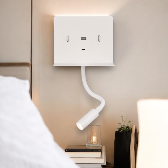 Applique bianco moderno da comodino presa usb luce orientabile