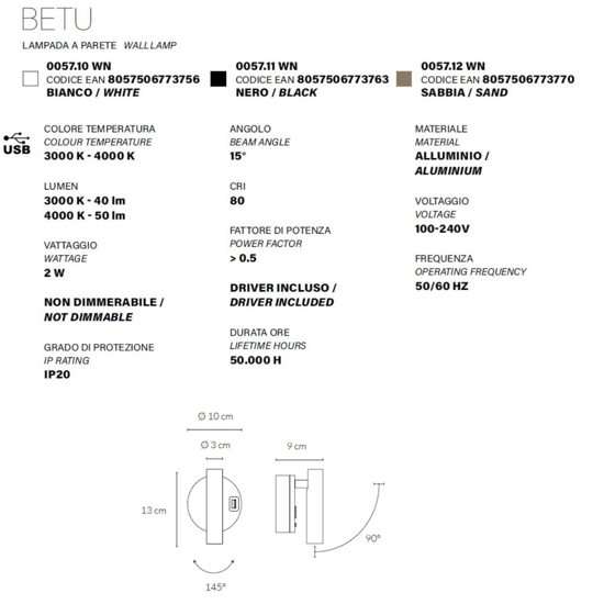 Applique lampada da comodino bianca orientabile led 2w 3000 4000k porta usb vivida betu