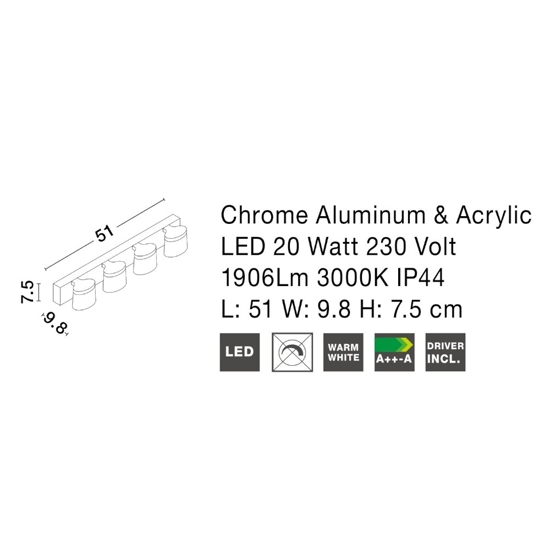 Applique per bagni luce sopra specchio cromato led 20w 3000k