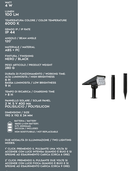 Faro da esterno pannello luce solare crepuscolare nero ip44 4w 6000k
