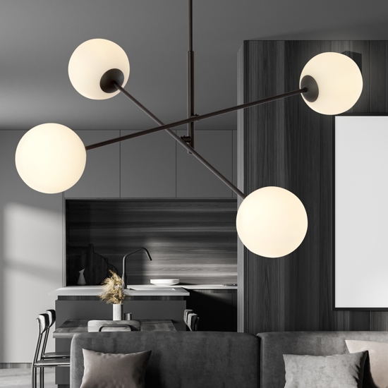 Lampadario per cucina moderna design 4 luci nero sfere bianche