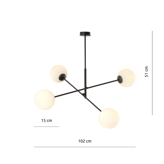 Lampadario per cucina moderna design 4 luci nero sfere bianche