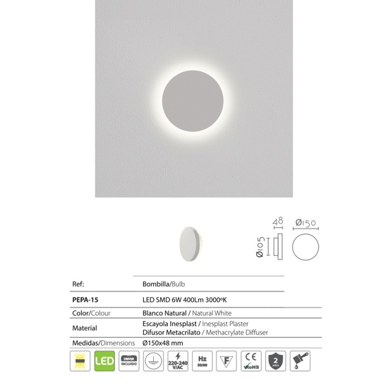 Applique gesso rotondo bianco moderno led 6w 3000k