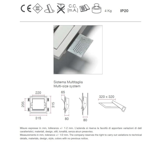 Applique gesso led cristaly vela lampada da incasso a parete filo muro 16.5w 3000k