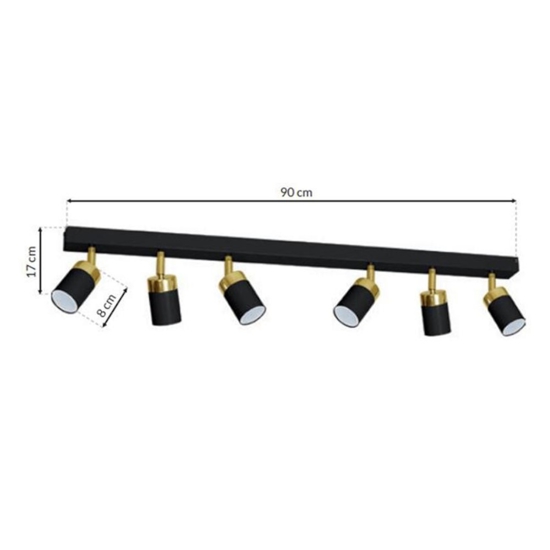 Plafoniera binario led nero con 6 faretti oro orientabili