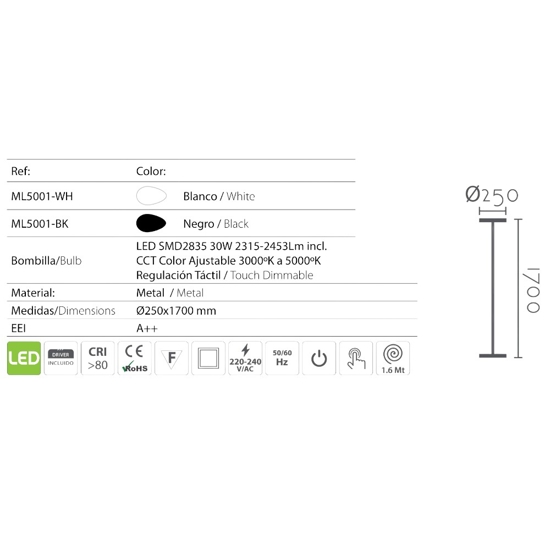 Piantana led moderna 30w 3000k a 5000k nera dimmerabile luce orientabile