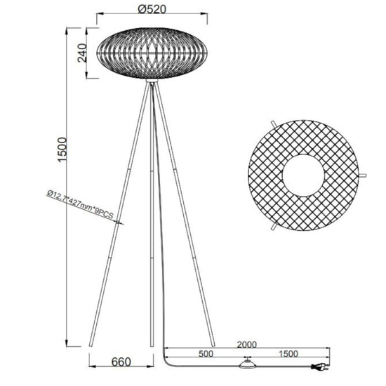 Lampada da terra per salotto contemporaneo vimini metallo nero