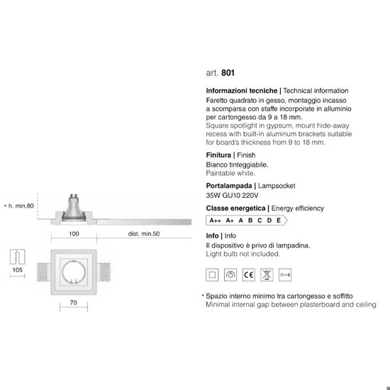 Isyluce porta faretto in gesso quadrato da incasso per controsoffitto