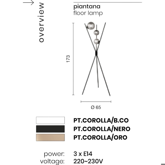 Piantana ondaluce corolla tre piedi in metallo oro e sfere in vetro bianco