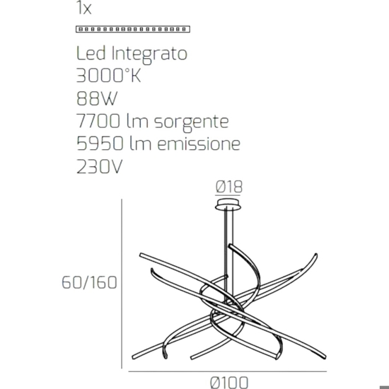 Lampadario moderno bianco led 88w 3000k top light tornado