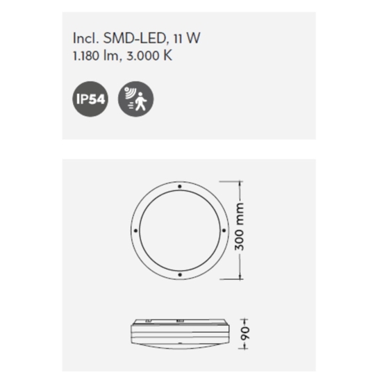 Plafoniera da esterno antracite con sensore movimento 11w 3000k