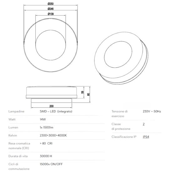 Plafoniera da esterno rotonda nero 14w 2300k-3000k-4000k