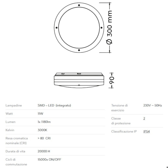 Plafoniera per esterno bianca rotonda  smd 11w 3000k ip54