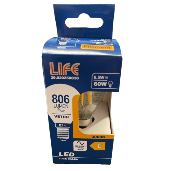 Life lampadina led e14 6,5w 3000k 806lm sfera vetro trasparente