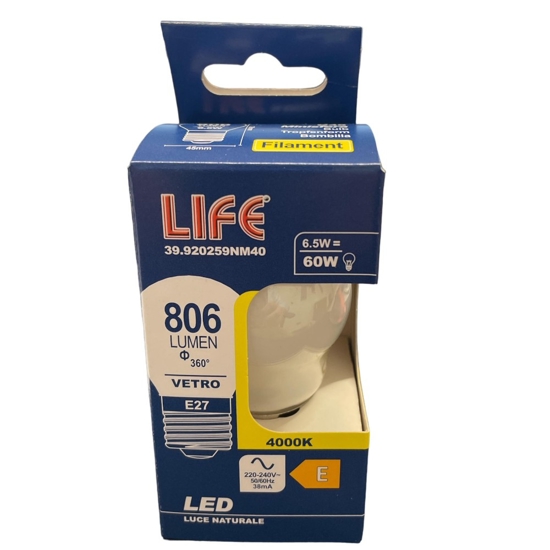 Life lampadina e27 led 6,5w 4000k 806lm mini sfera bianca vetro milky