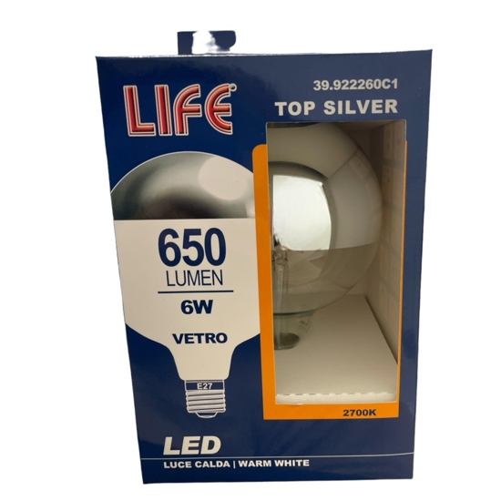 Life lampadina led e27 6w 2700k 650lm globo cromo vetro filamento