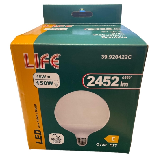 Life lampadina led globo e27 19w 3000k 2452lm ottica 300