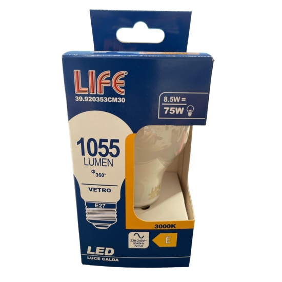 Lampadina e27 8,5w 3000k 1055lm vetro bianco life goccia milky