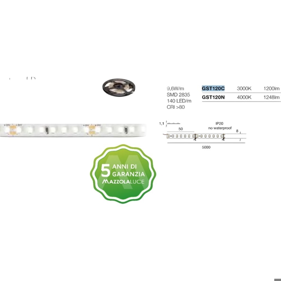 Strisce led 9,6w mt 3000k bobina 5 metri 24v gea luce